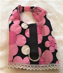  XS Designer vest/harness Pink flowers on black background with snap neck and velcro